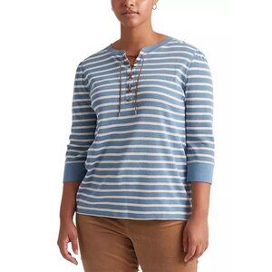 LAUREN Ralph Lauren Size Medium Blue White Striped Suede Lace Up Waffle-Knit Top